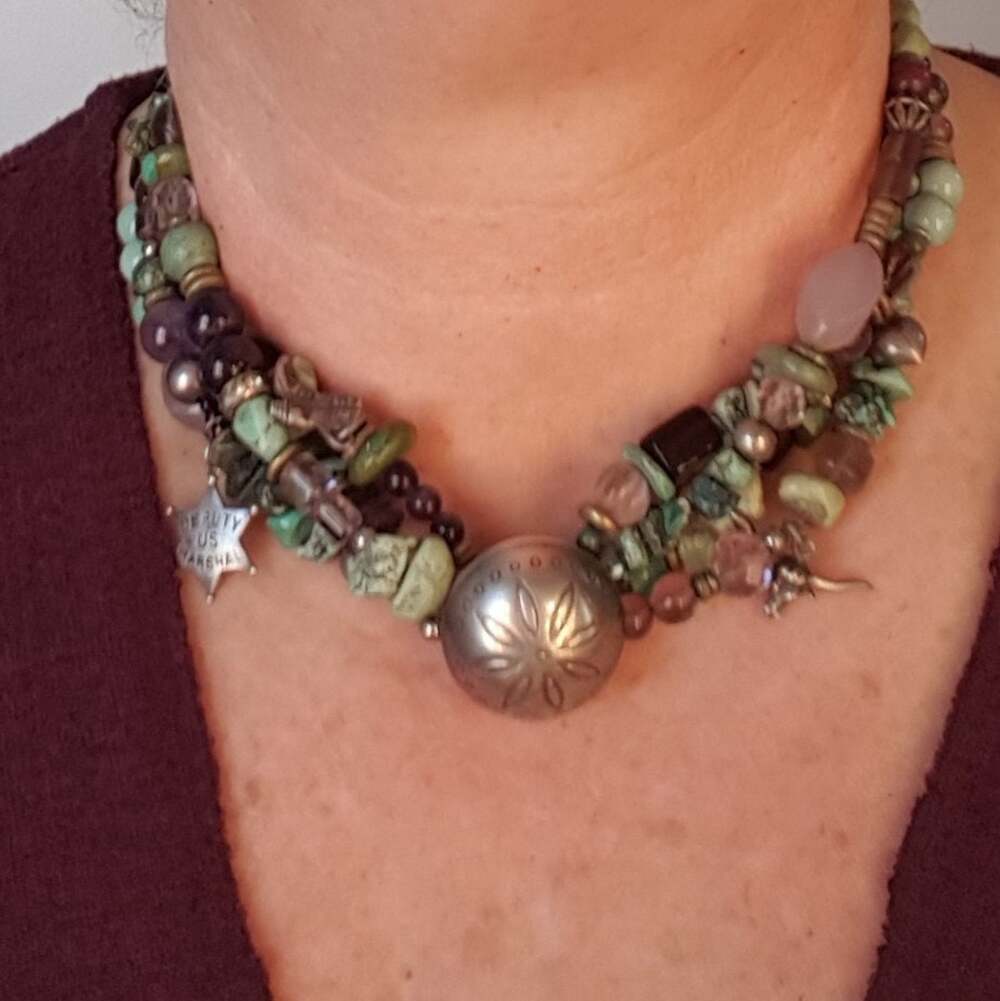 Vintage Western Green Turquoise, Sterling and Amethyst Choker